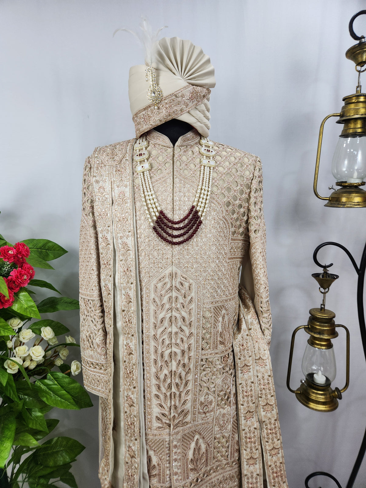 Champagne Golden Wedding Groom Sherwani - Laser Cut Design  | Sherwani For Men