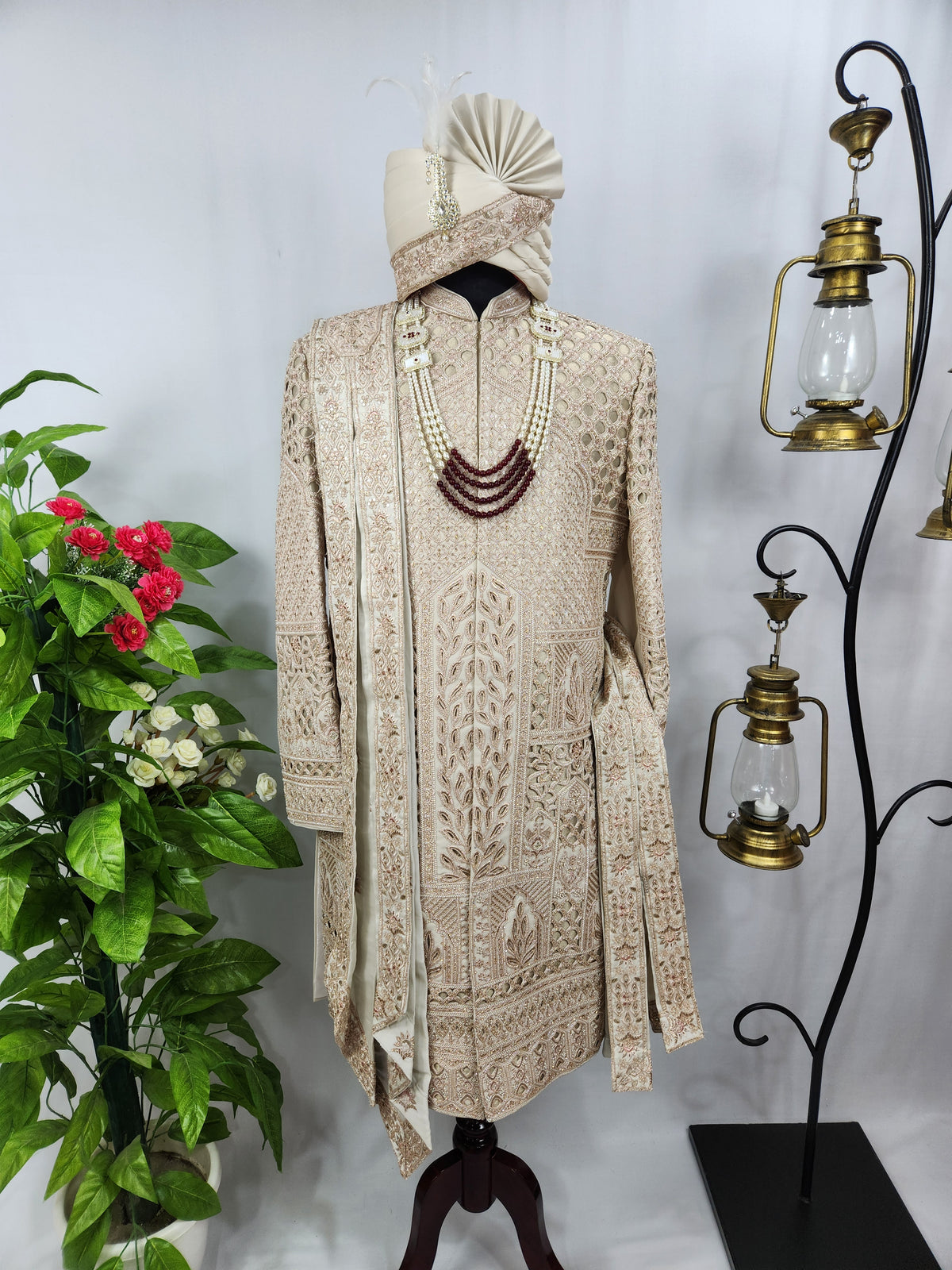 Champagne Golden Wedding Groom Sherwani - Laser Cut Design  | Sherwani For Men