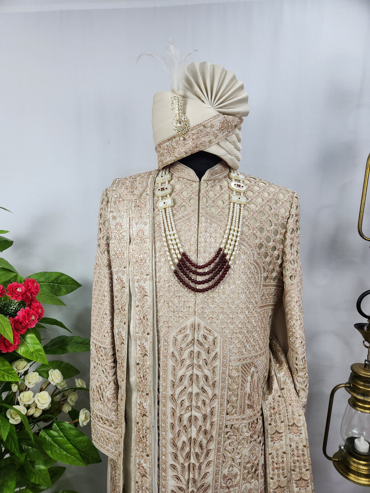 Champagne Golden Wedding Groom Sherwani - Laser Cut Design  | Sherwani For Men