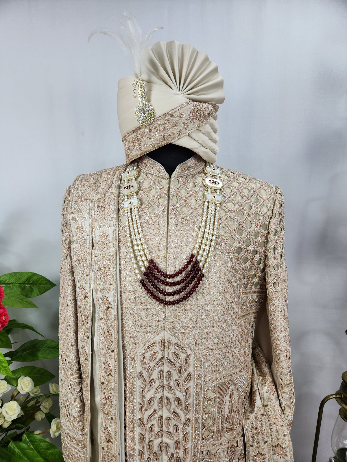 Champagne Golden Wedding Groom Sherwani - Laser Cut Design  | Sherwani For Men