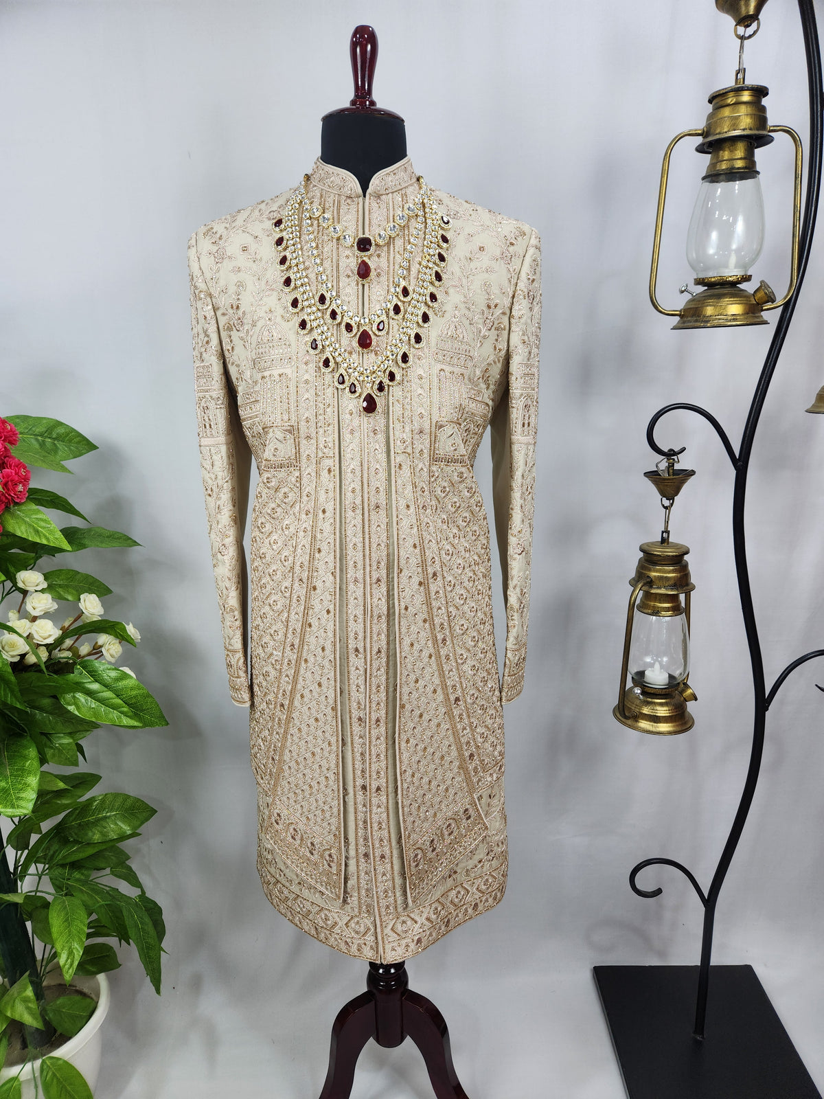 Champagne Golden Wedding Groom Sherwani - Layered Design  | Sherwani For Men