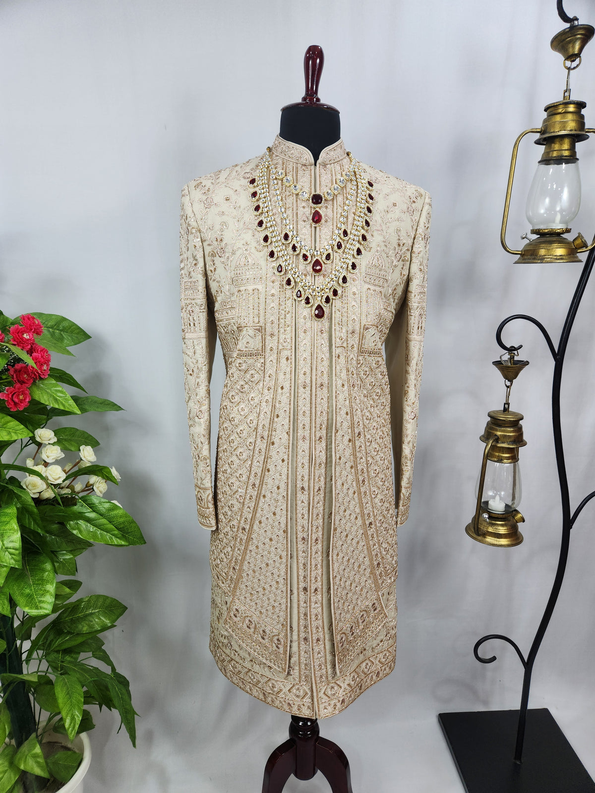 Champagne Golden Wedding Groom Sherwani - Layered Design  | Sherwani For Men