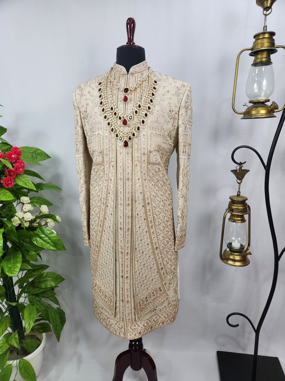 Champagne Golden Wedding Groom Sherwani - Layered Design  | Sherwani For Men