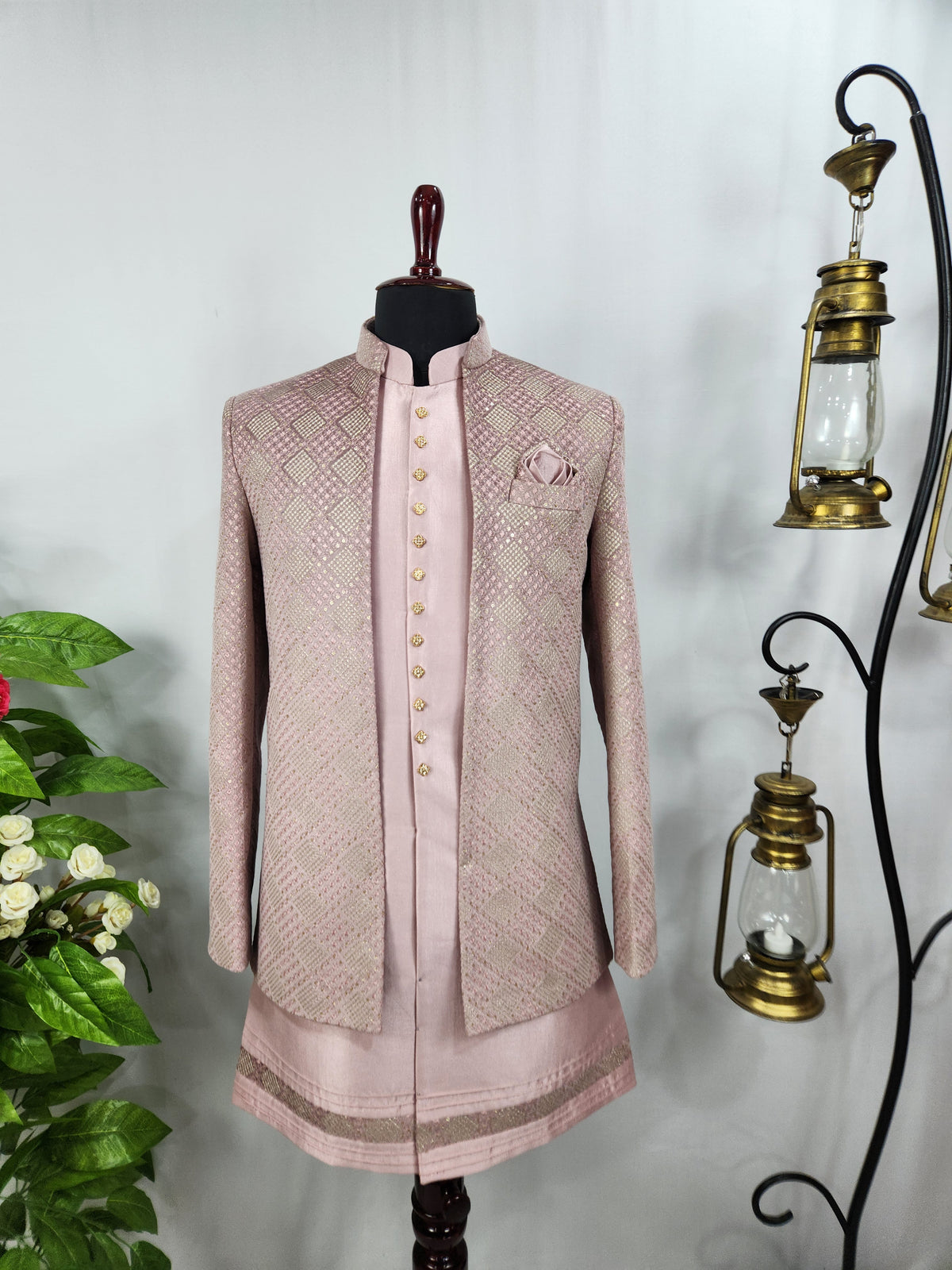 Pink Indo-Western Sherwani for Men | Indian Groom Wedding Outfit
