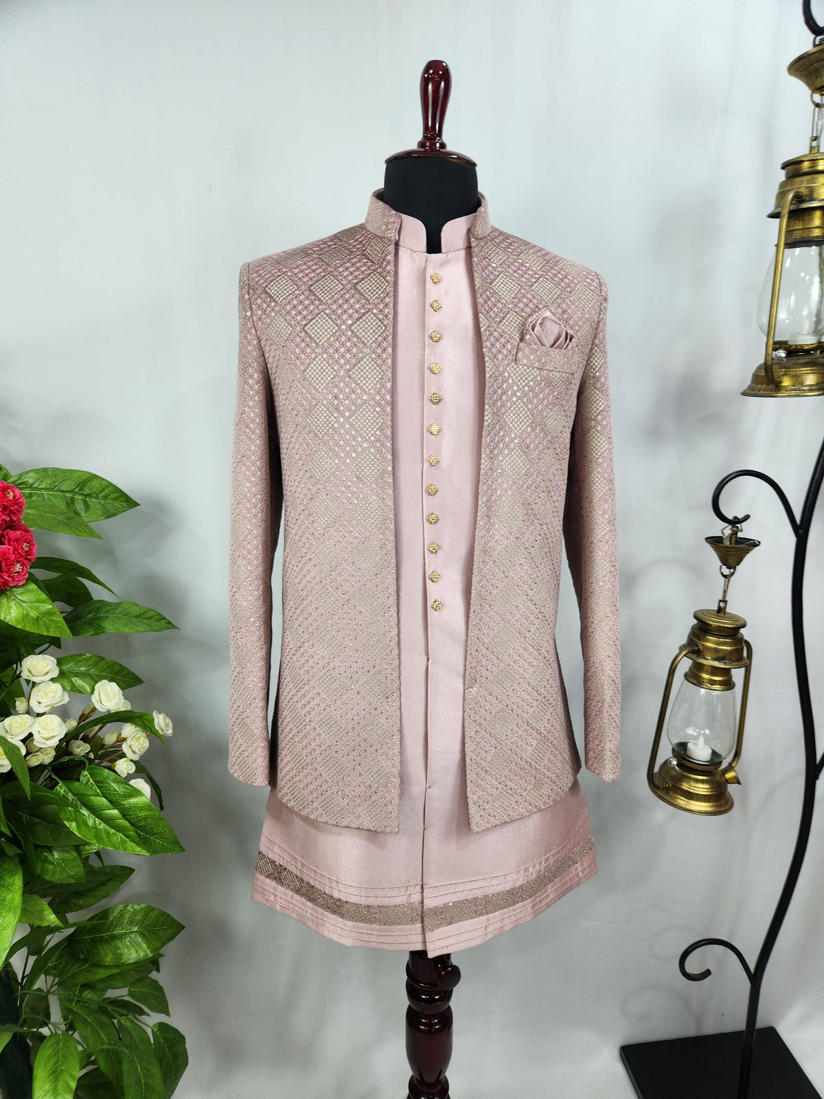 Pink Indo-Western Sherwani for Men | Indian Groom Wedding Outfit
