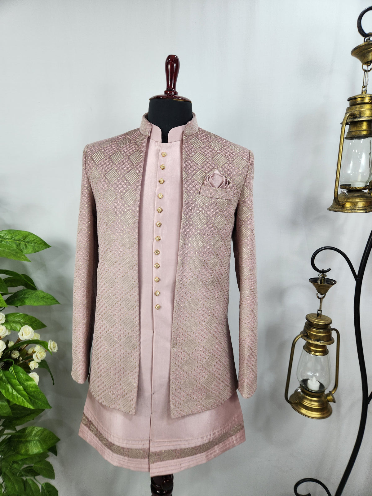 Pink Indo-Western Sherwani for Men | Indian Groom Wedding Outfit
