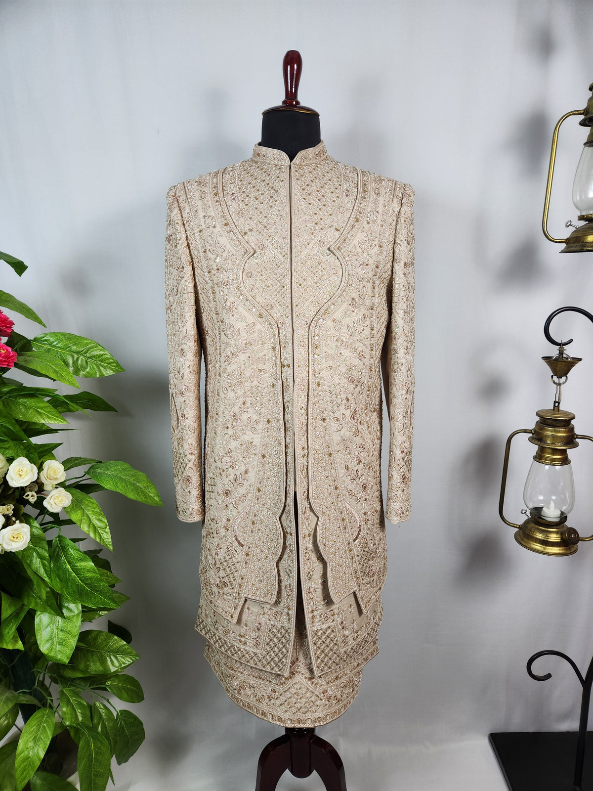 Champagne Golden Wedding Groom Sherwani - Triple Layered Kurta Design  | Sherwani For Men