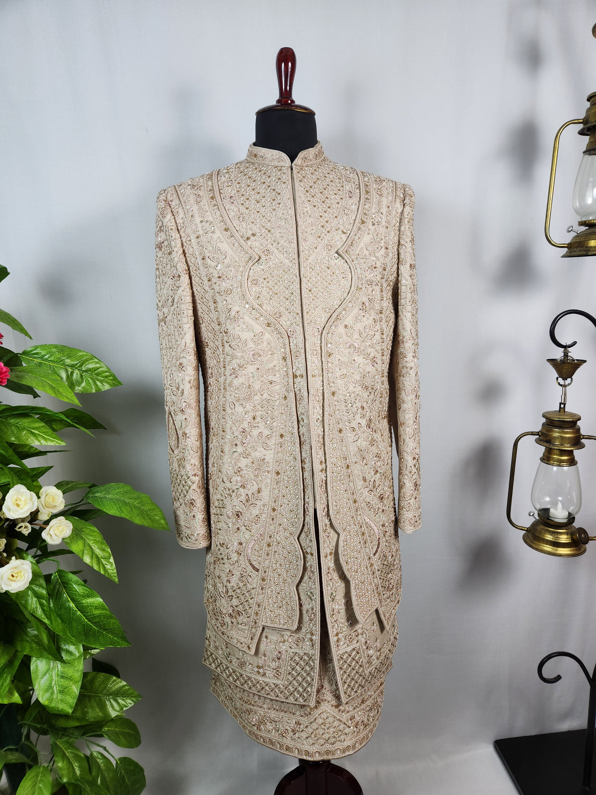Champagne Golden Wedding Groom Sherwani - Triple Layered Kurta Design  | Sherwani For Men