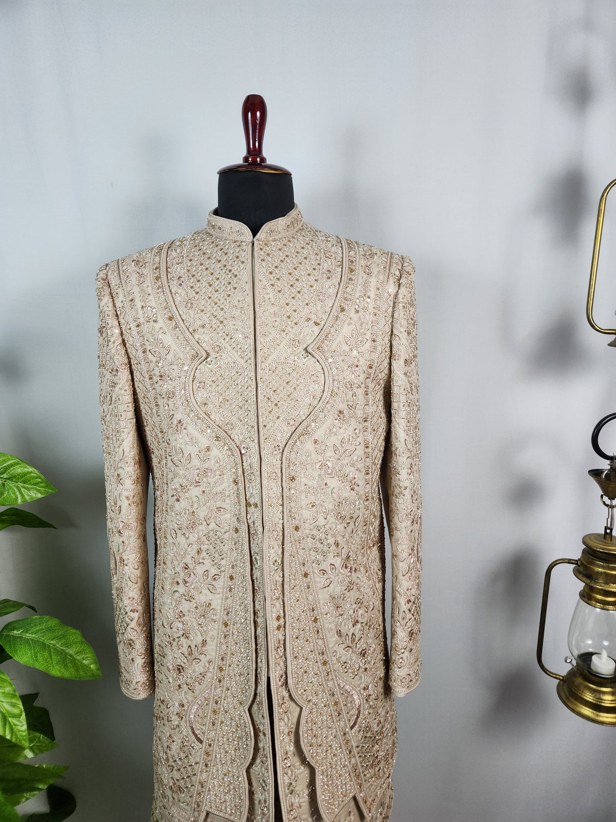 Champagne Golden Wedding Groom Sherwani - Triple Layered Kurta Design  | Sherwani For Men