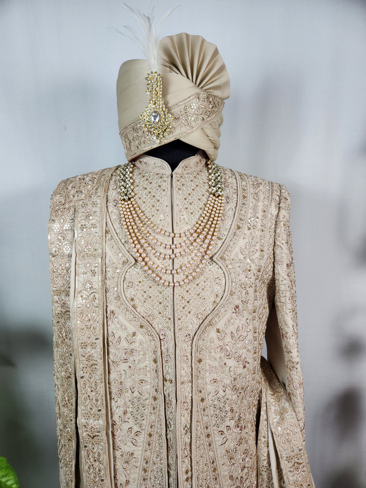 Champagne Golden Wedding Groom Sherwani - Triple Layered Kurta Design  | Sherwani For Men