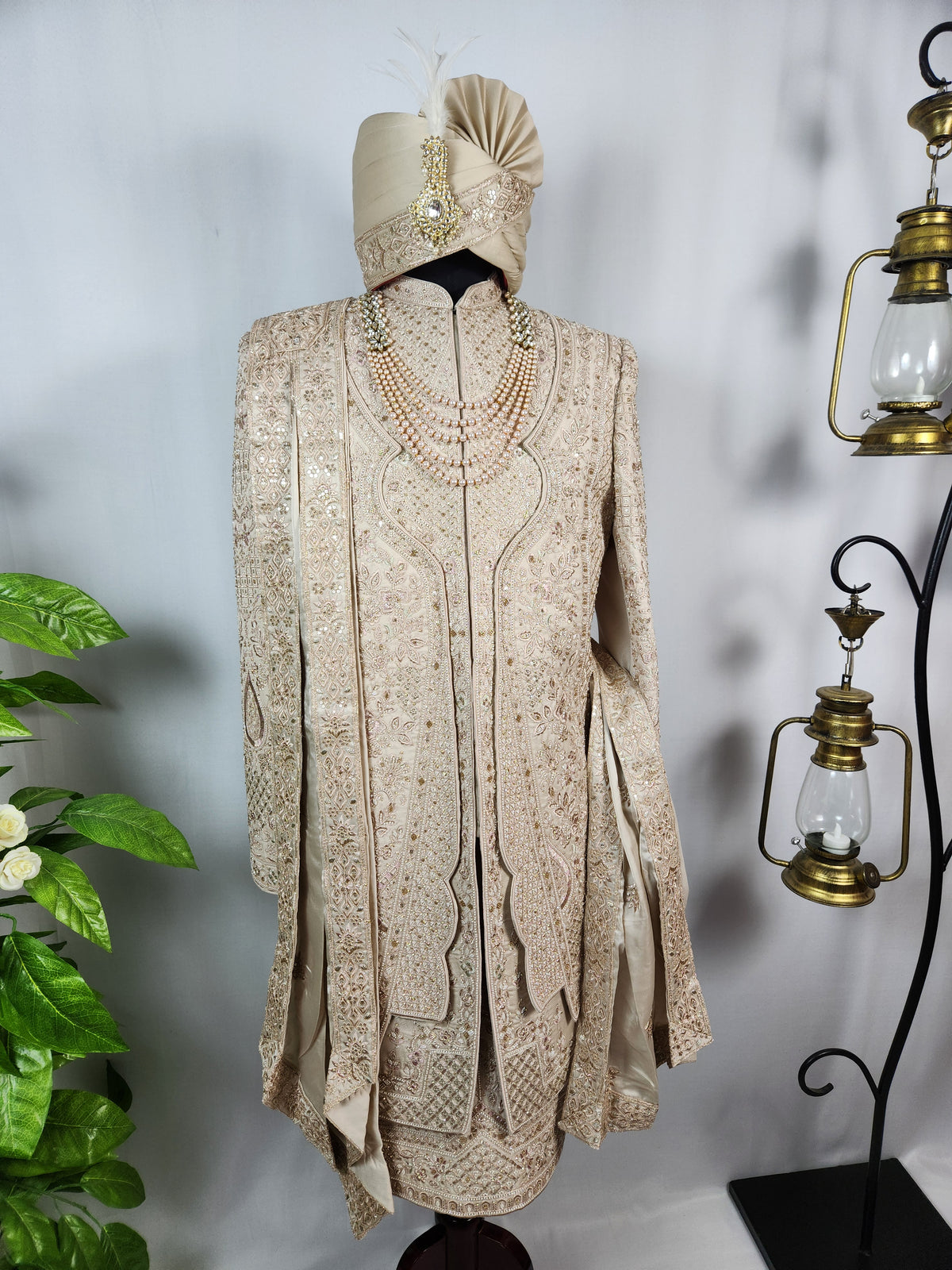 Champagne Golden Wedding Groom Sherwani - Triple Layered Kurta Design  | Sherwani For Men