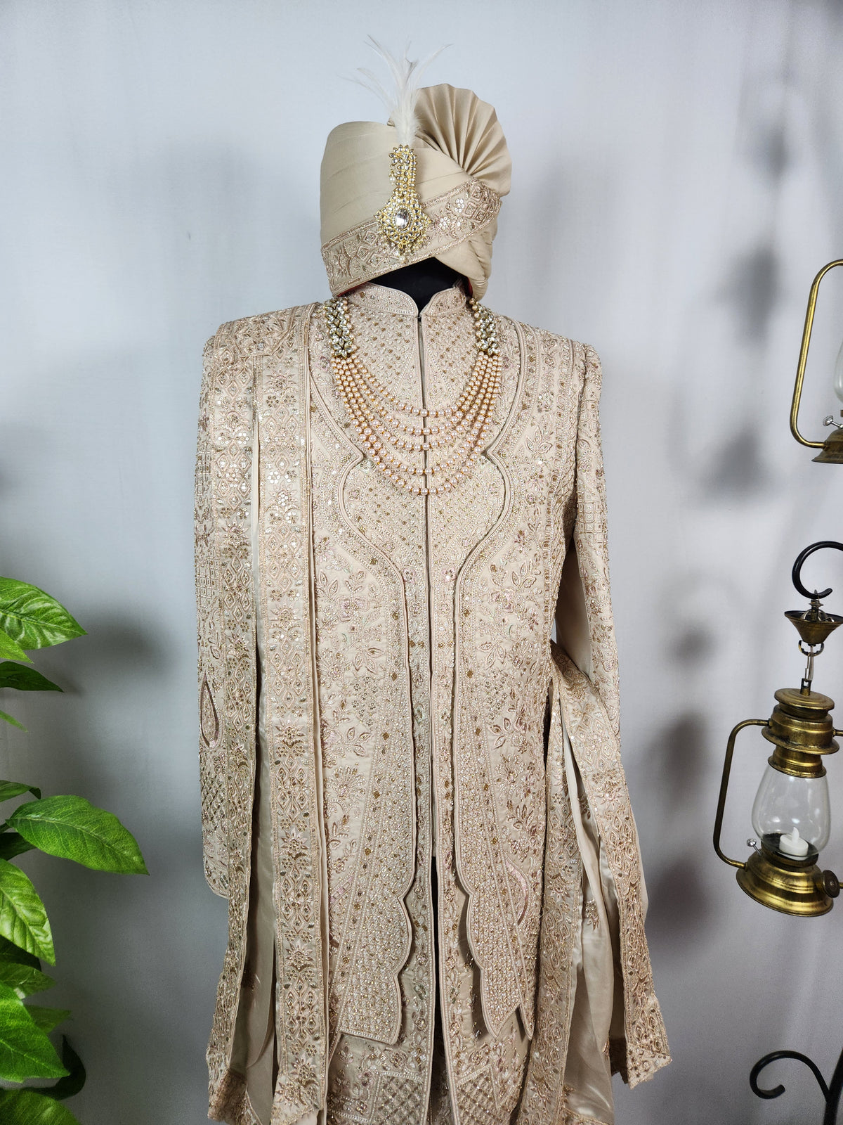 Champagne Golden Wedding Groom Sherwani - Triple Layered Kurta Design  | Sherwani For Men