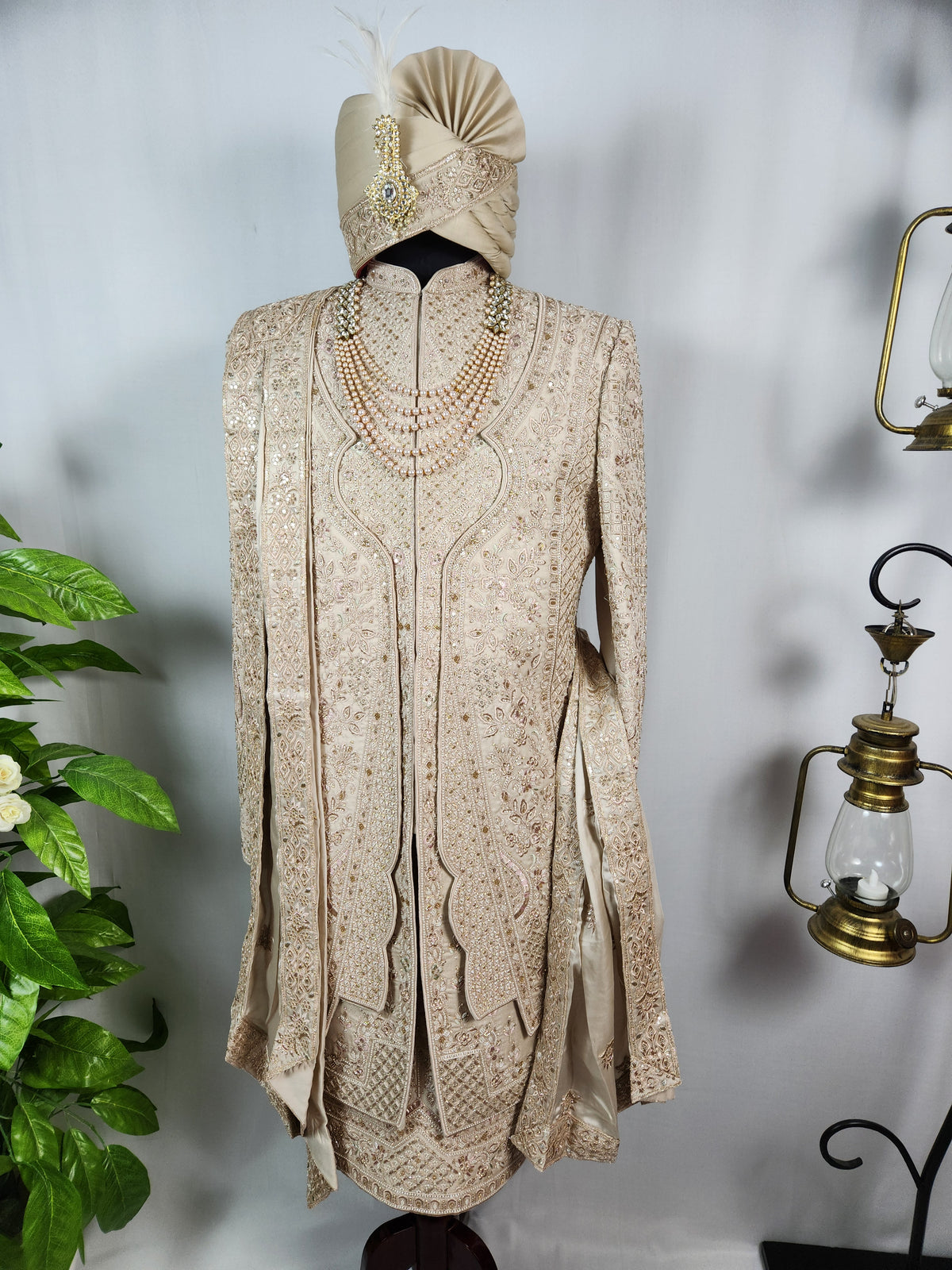 Champagne Golden Wedding Groom Sherwani - Triple Layered Kurta Design  | Sherwani For Men