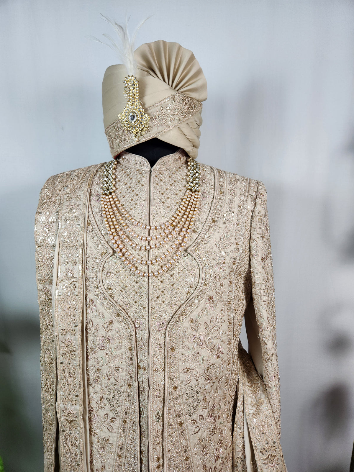 Champagne Golden Wedding Groom Sherwani - Triple Layered Kurta Design  | Sherwani For Men