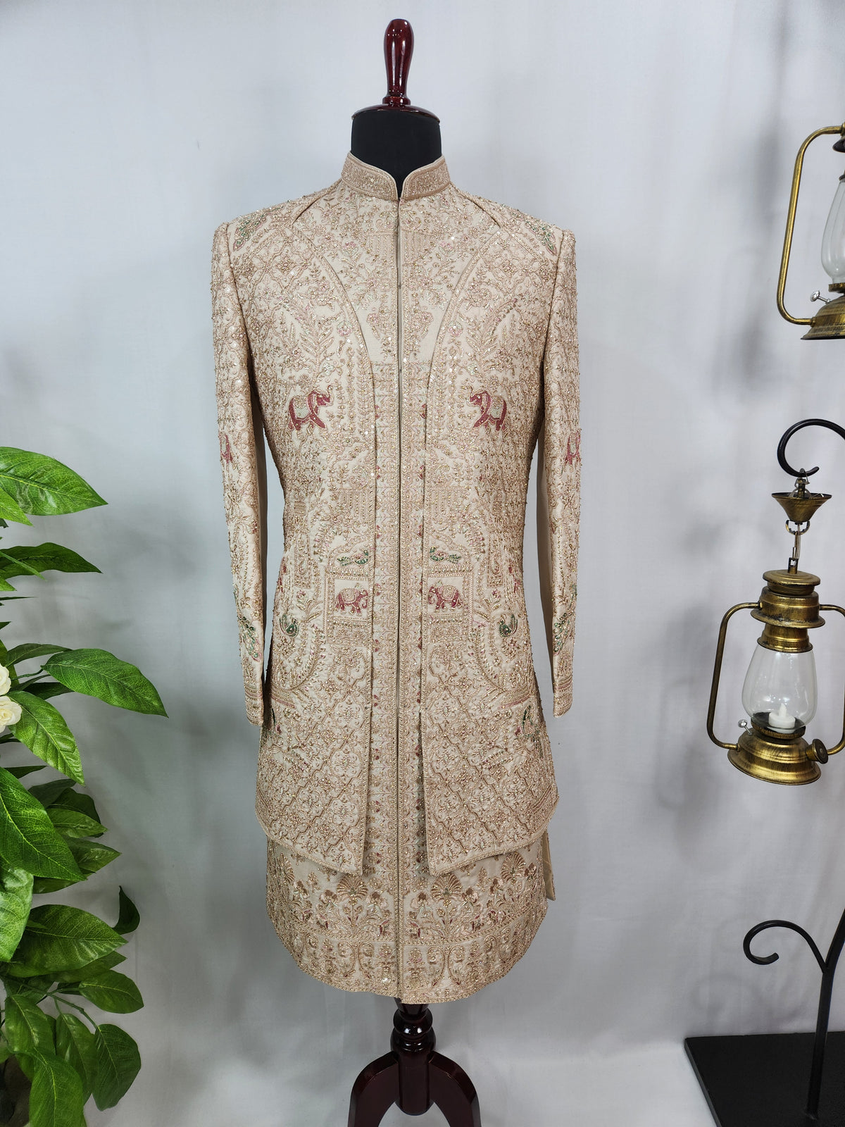 Champagne Golden Wedding Groom Sherwani - Layered Elephant Peacock Design  | Sherwani For Men