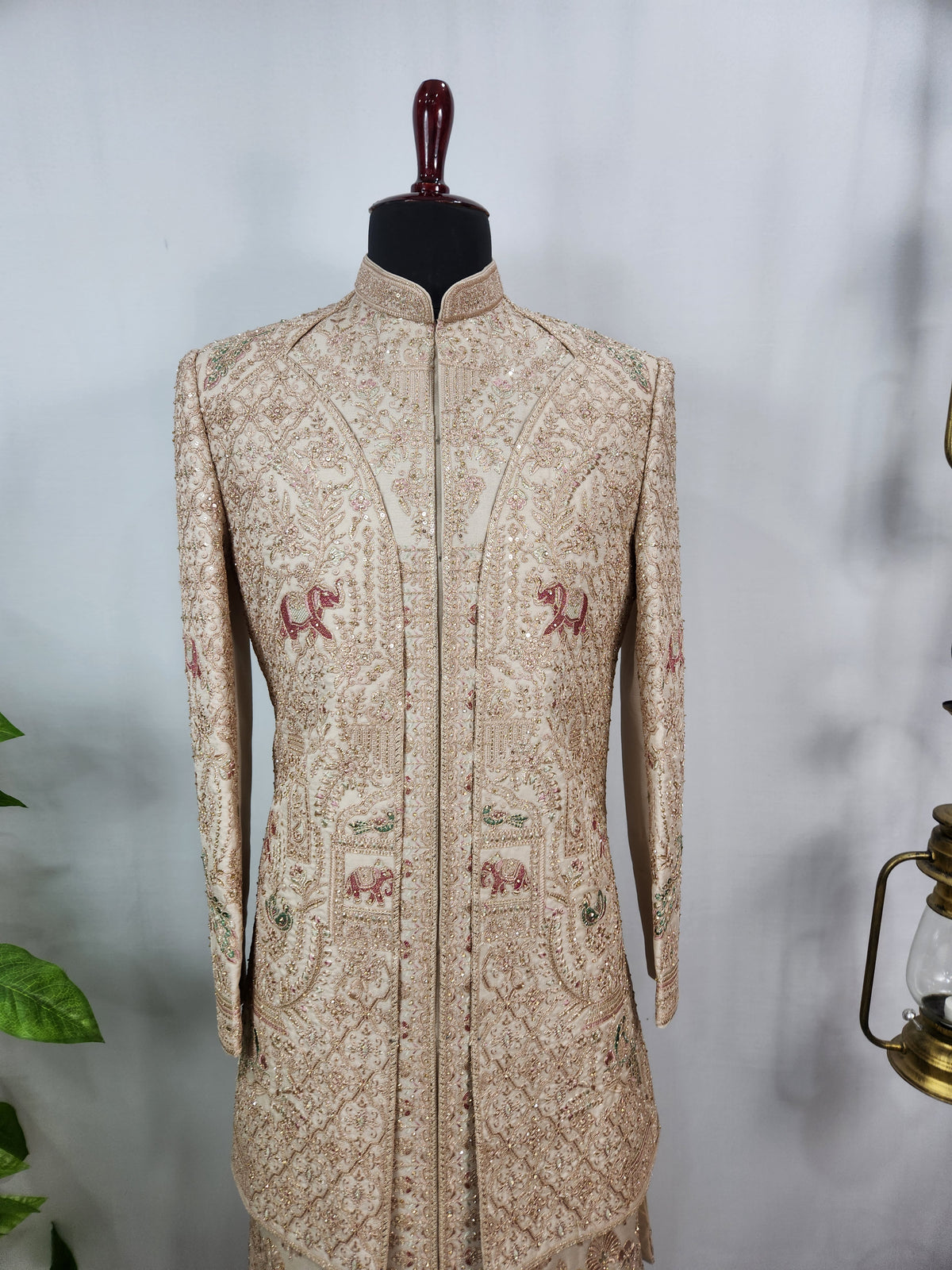 Champagne Golden Wedding Groom Sherwani - Layered Elephant Peacock Design  | Sherwani For Men
