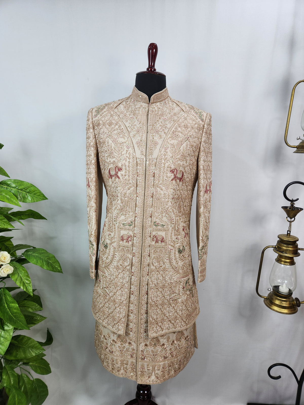 Champagne Golden Wedding Groom Sherwani - Layered Elephant Peacock Design  | Sherwani For Men