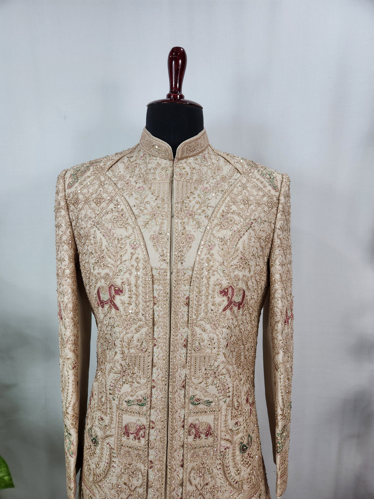 Champagne Golden Wedding Groom Sherwani - Layered Elephant Peacock Design  | Sherwani For Men