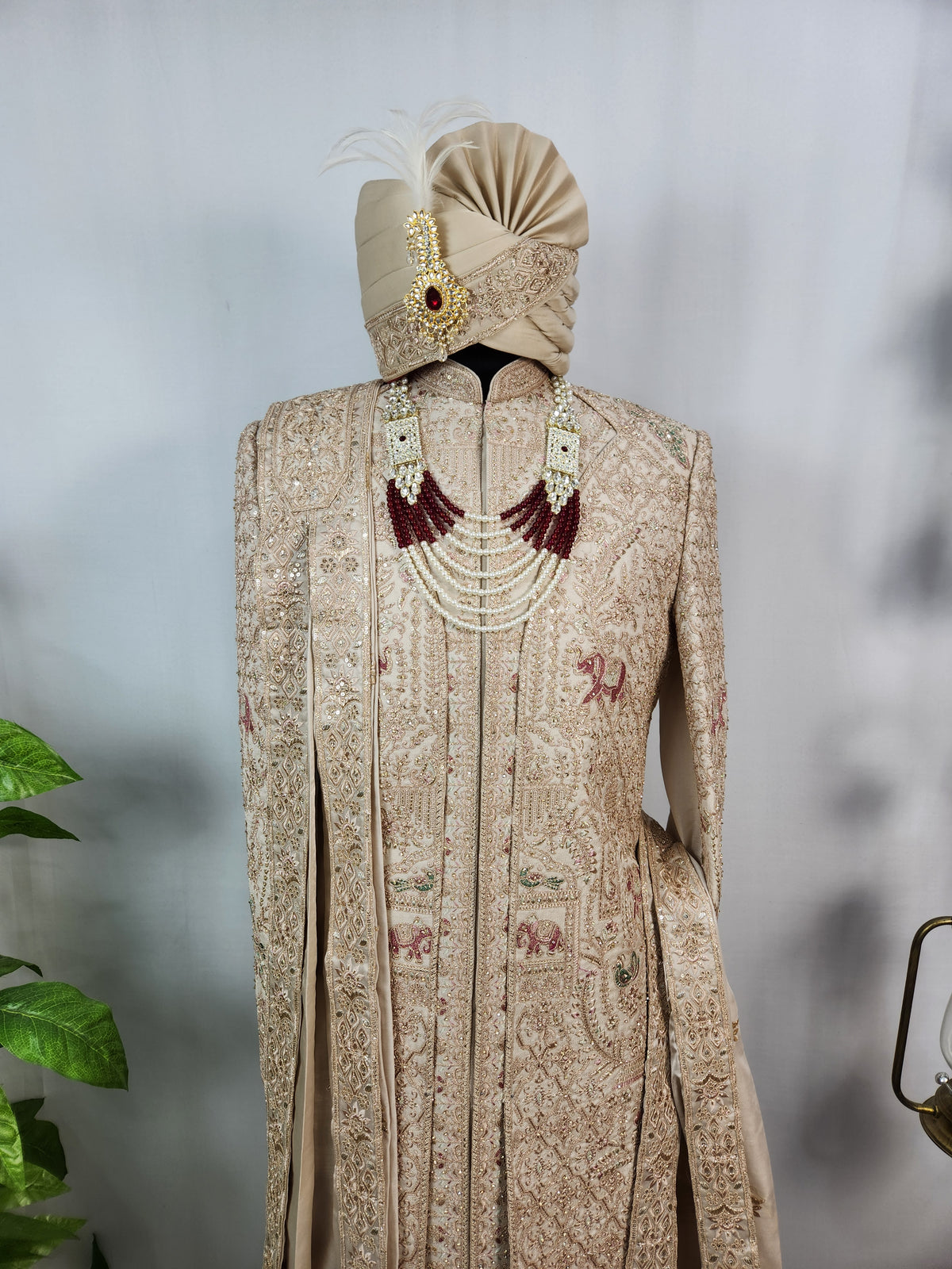 Champagne Golden Wedding Groom Sherwani - Layered Elephant Peacock Design  | Sherwani For Men