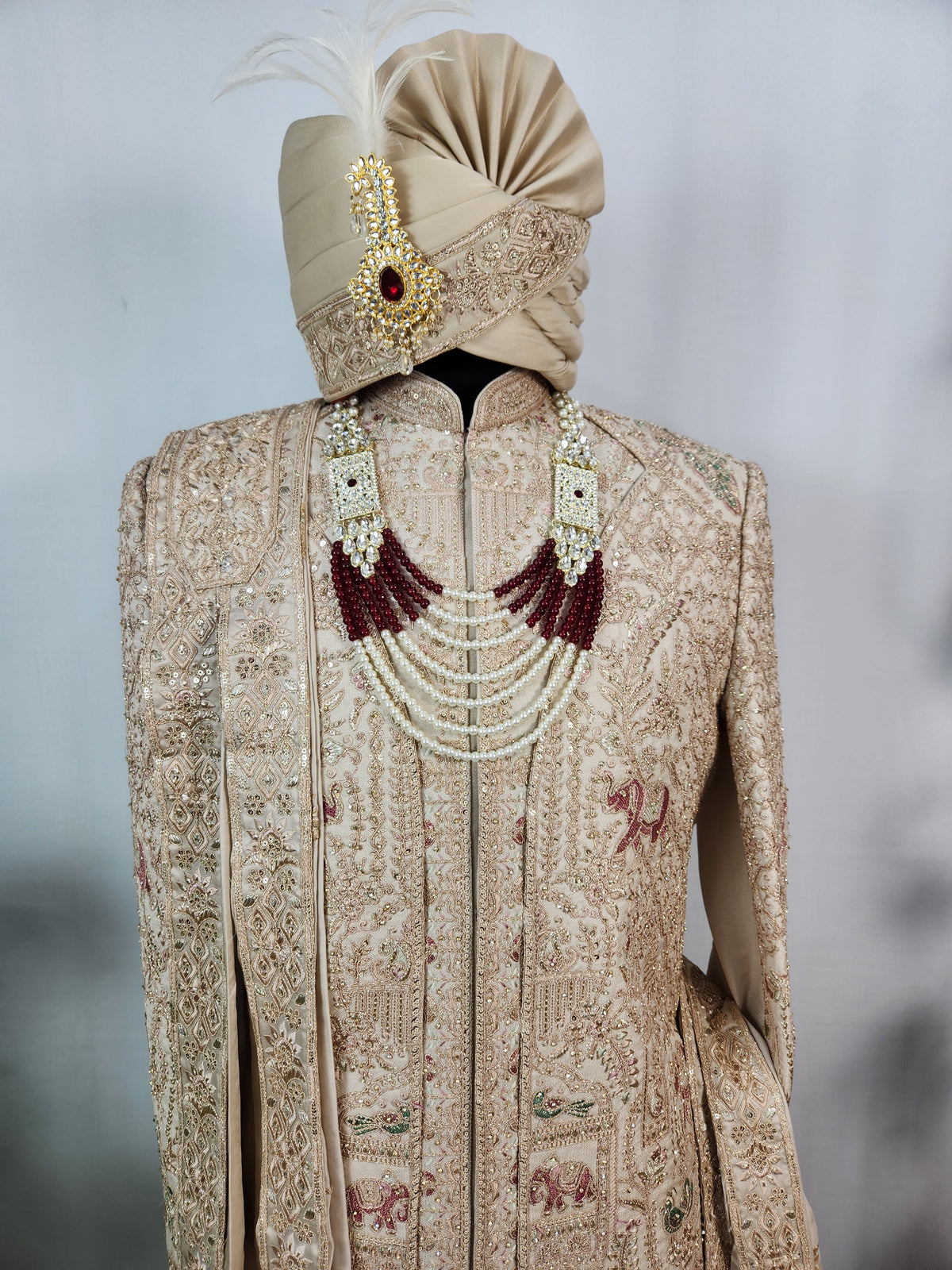 Champagne Golden Wedding Groom Sherwani - Layered Elephant Peacock Design  | Sherwani For Men