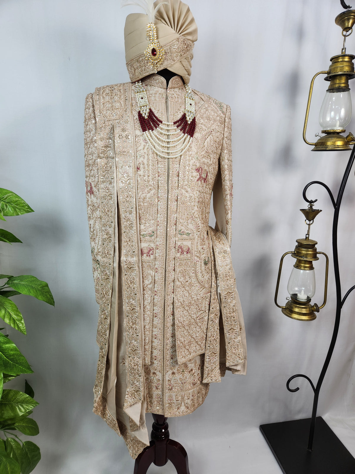 Champagne Golden Wedding Groom Sherwani - Layered Elephant Peacock Design  | Sherwani For Men