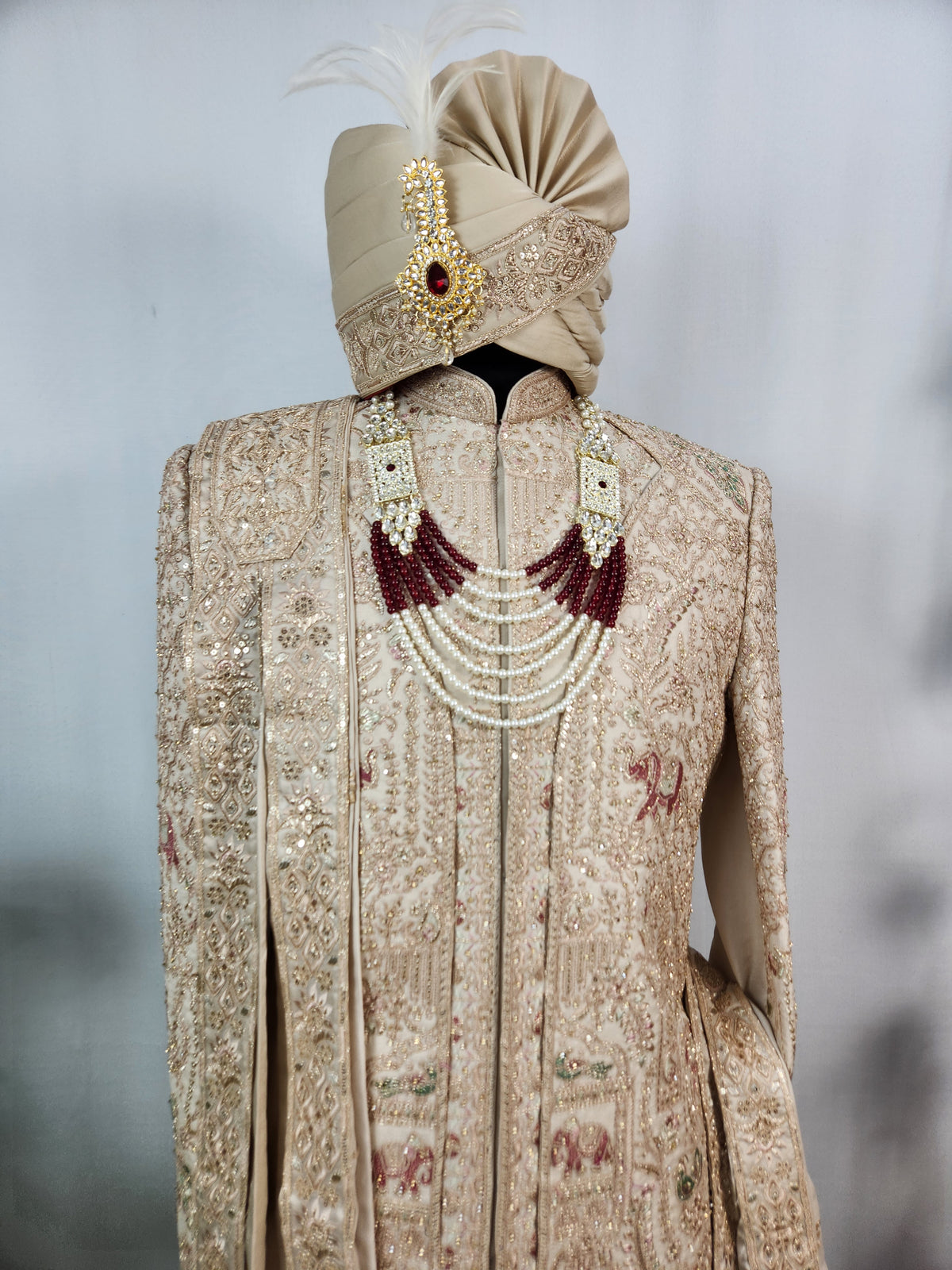 Champagne Golden Wedding Groom Sherwani - Layered Elephant Peacock Design  | Sherwani For Men