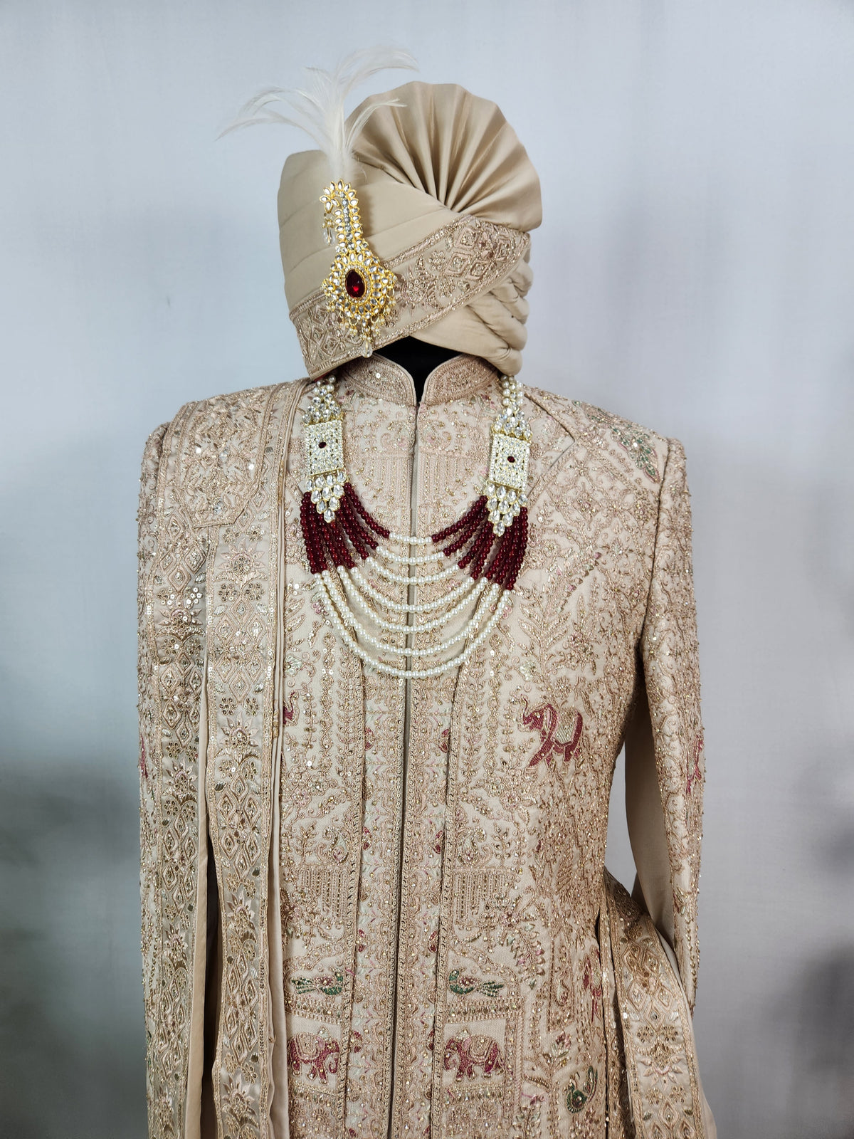 Champagne Golden Wedding Groom Sherwani - Layered Elephant Peacock Design  | Sherwani For Men