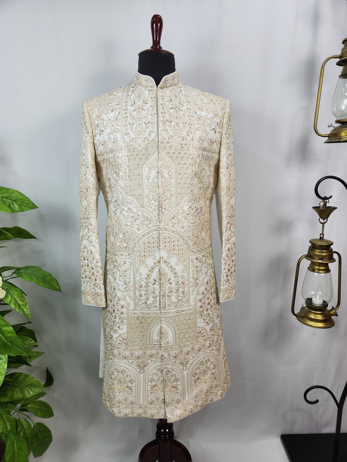 White Wedding Groom Sherwani - Laser Cut Work | Sherwani For Men