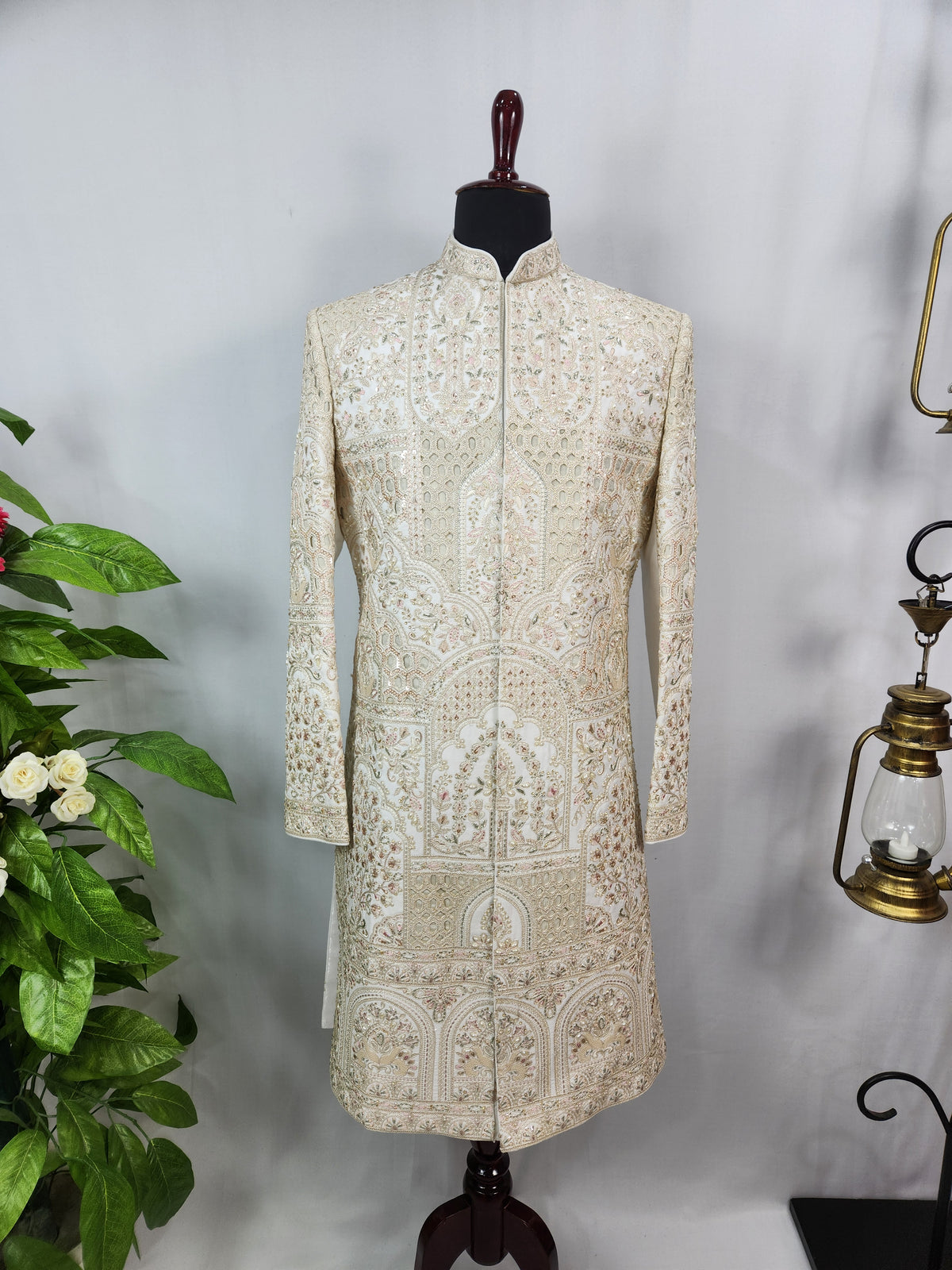 White Wedding Groom Sherwani - Laser Cut Work | Sherwani For Men