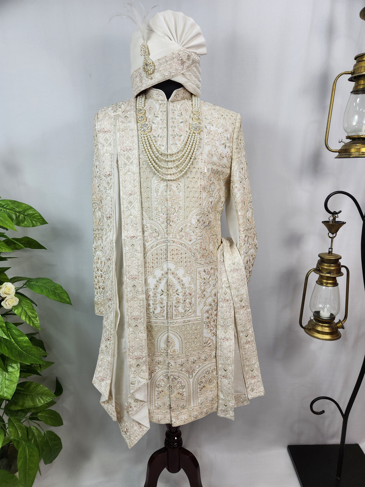 White Wedding Groom Sherwani - Laser Cut Work | Sherwani For Men