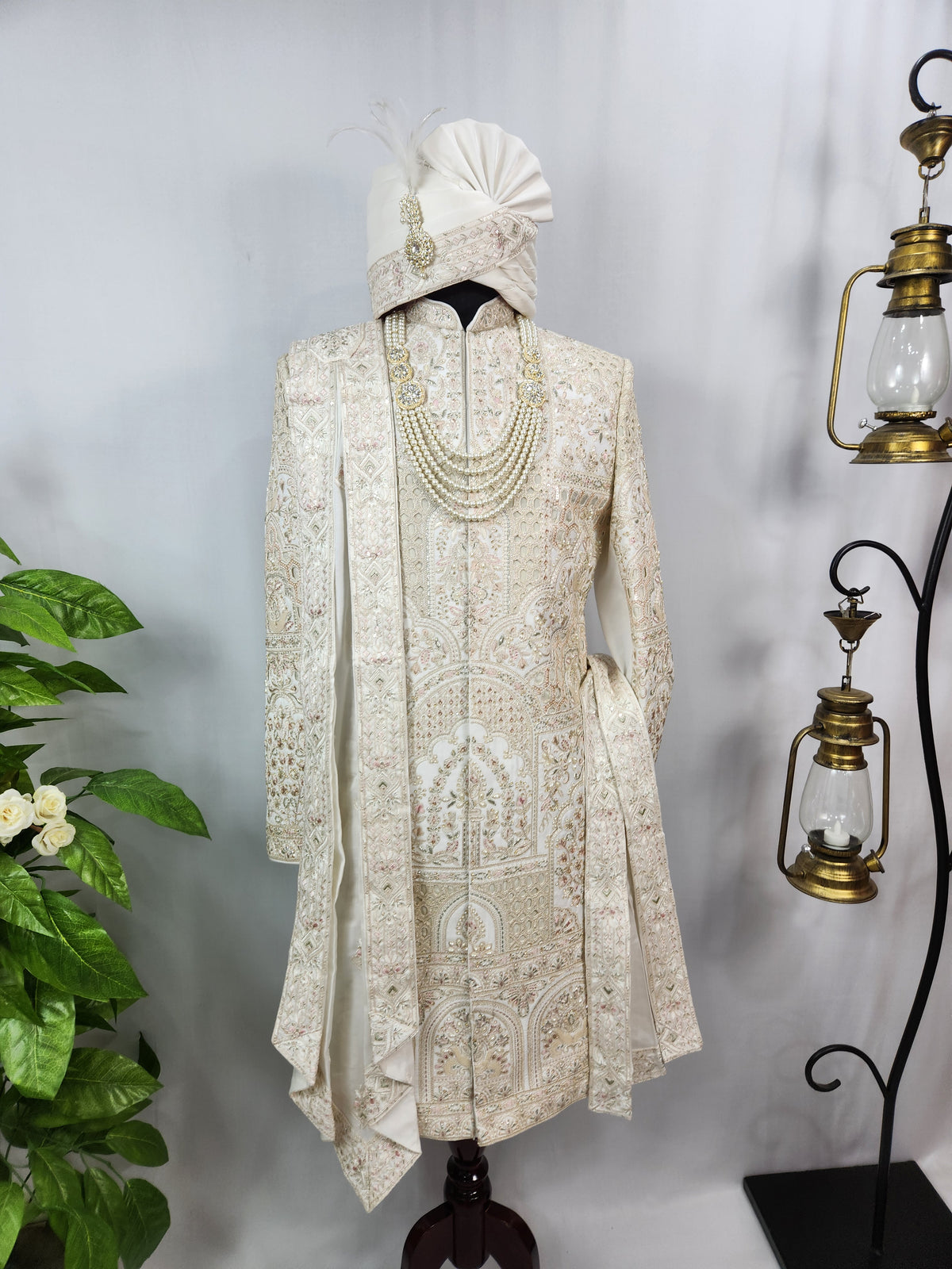 White Wedding Groom Sherwani - Laser Cut Work | Sherwani For Men