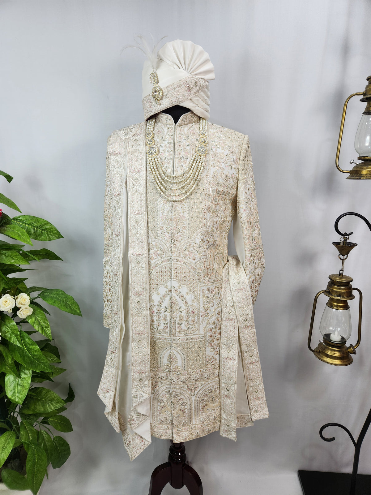 White Wedding Groom Sherwani - Laser Cut Work | Sherwani For Men