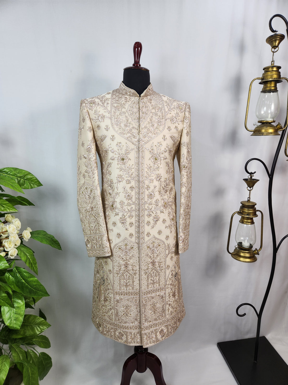 Champagne Golden Wedding Groom Sherwani - Diamond Zari Embroidery | Sherwani For Men