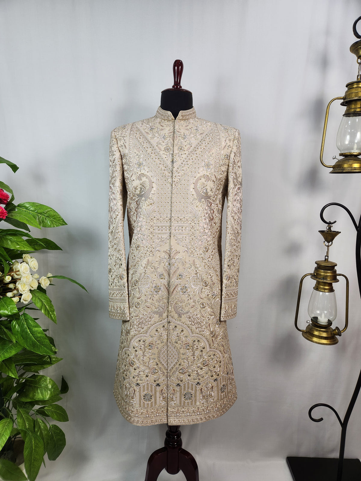 Rose Gold Wedding Groom Sherwani - Peacock Design | Sherwani For Men