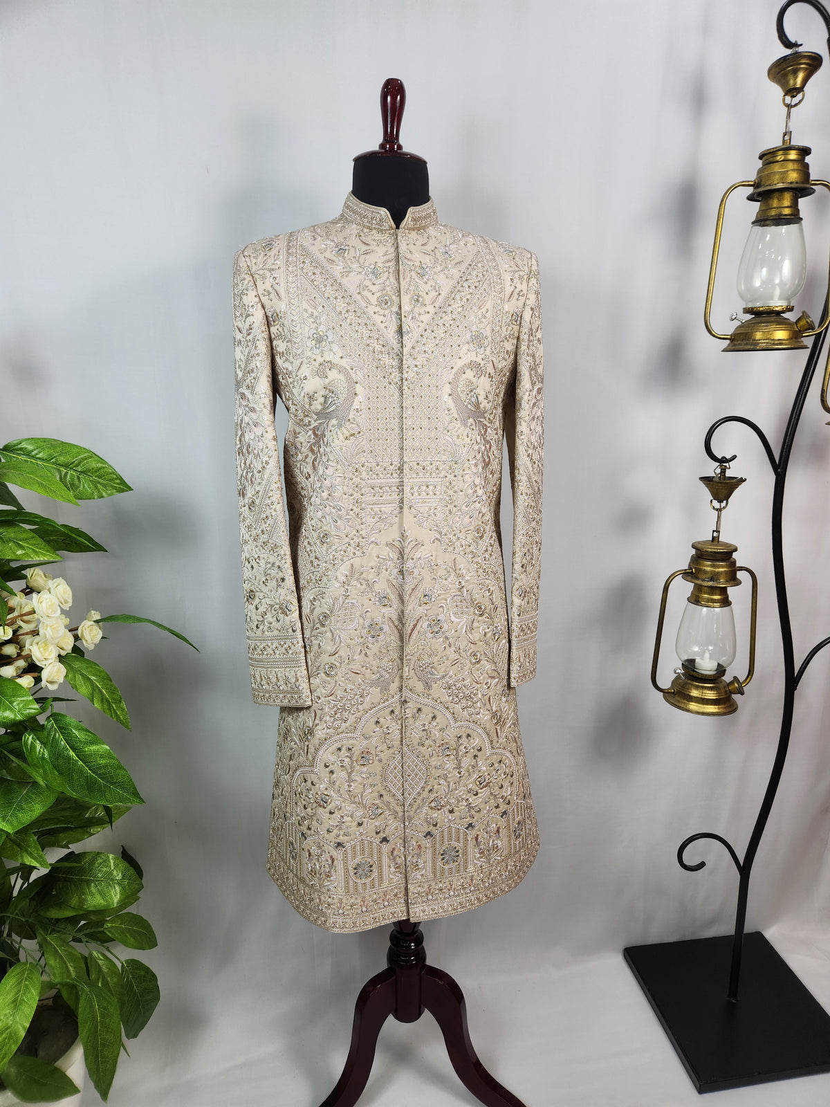 Rose Gold Wedding Groom Sherwani - Peacock Design | Sherwani For Men