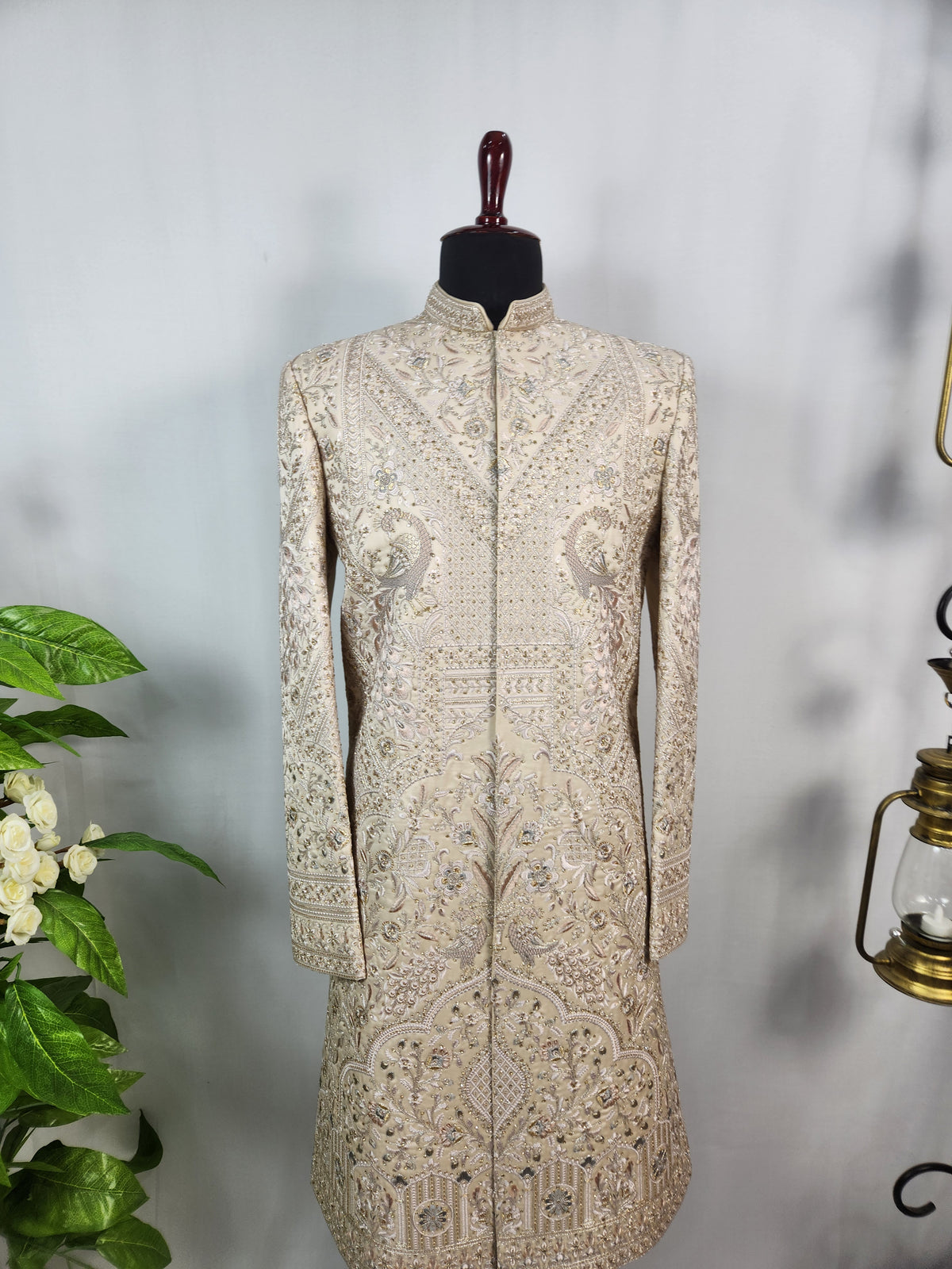 Rose Gold Wedding Groom Sherwani - Peacock Design | Sherwani For Men