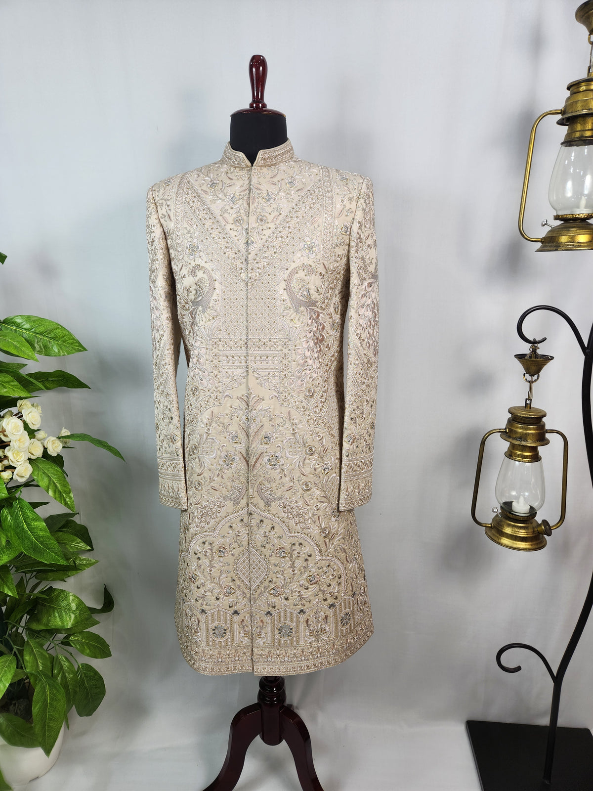 Rose Gold Wedding Groom Sherwani - Peacock Design | Sherwani For Men