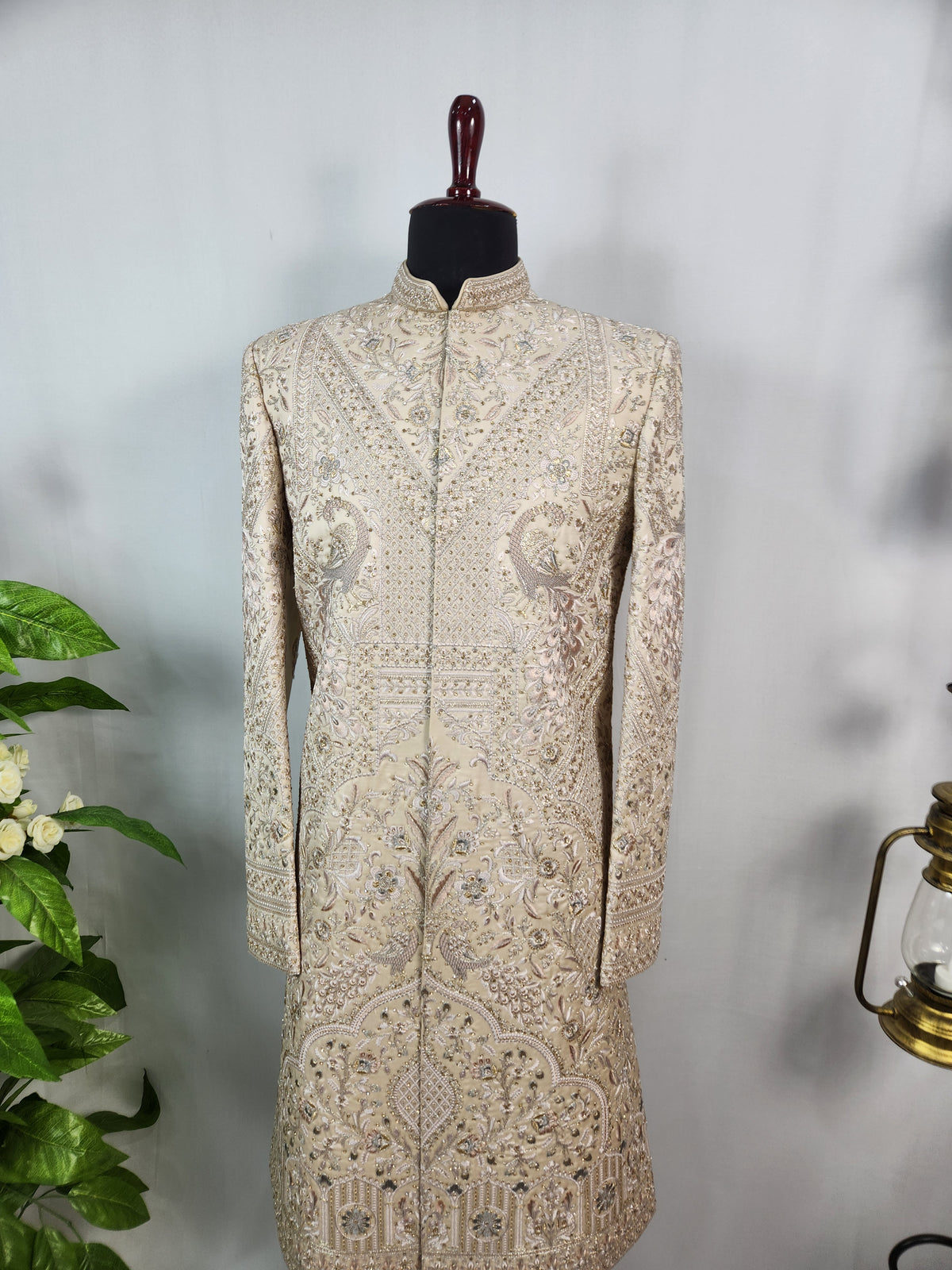 Rose Gold Wedding Groom Sherwani - Peacock Design | Sherwani For Men