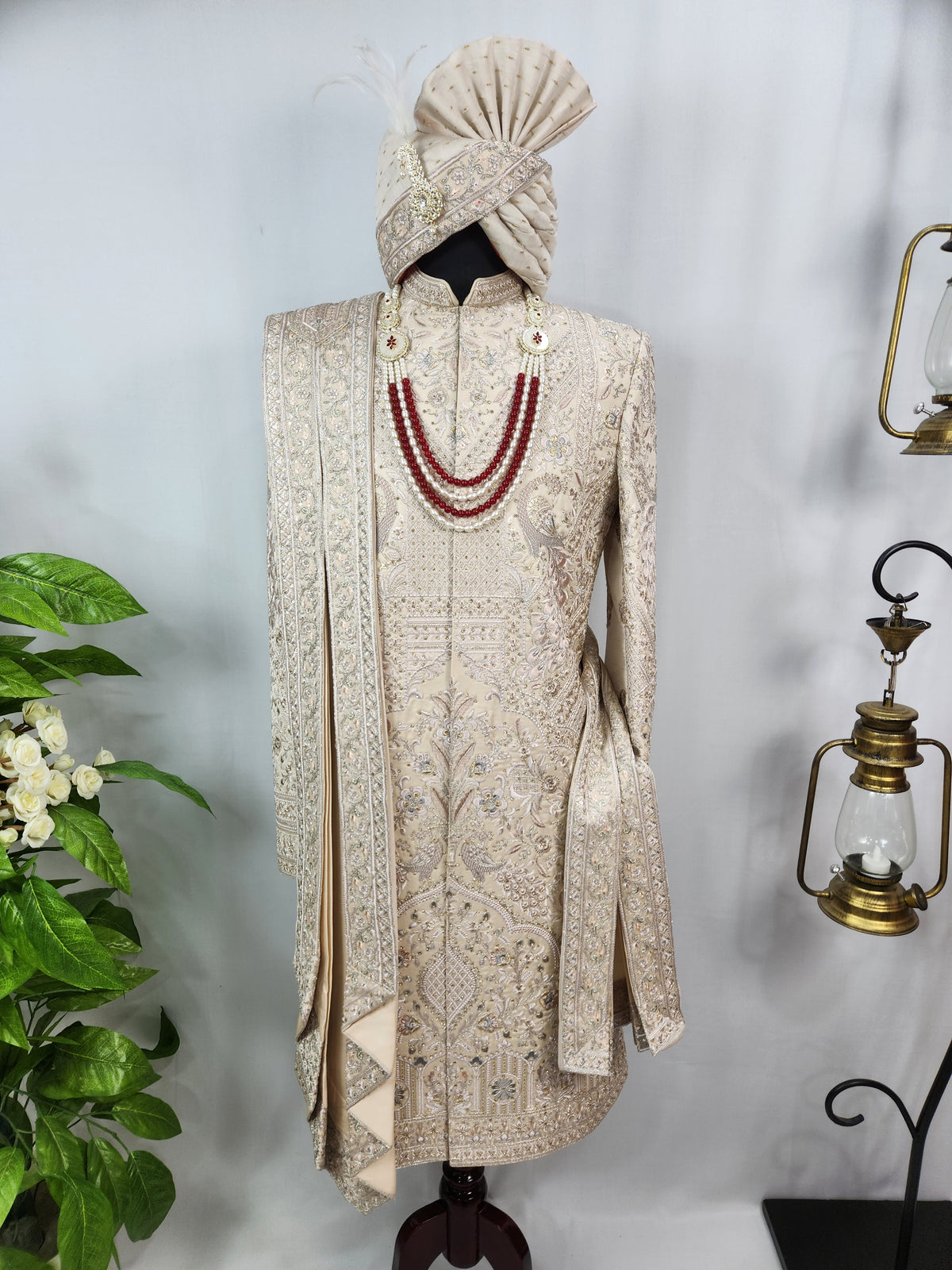 Rose Gold Wedding Groom Sherwani - Peacock Design | Sherwani For Men