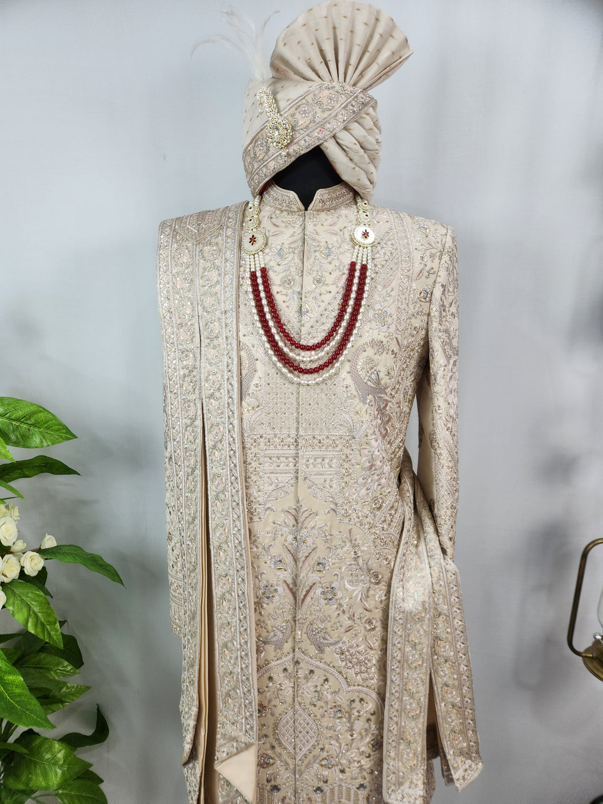 Rose Gold Wedding Groom Sherwani - Peacock Design | Sherwani For Men