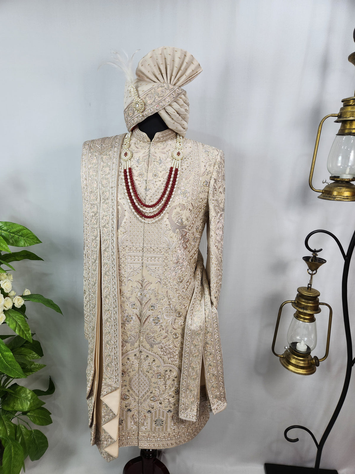 Rose Gold Wedding Groom Sherwani - Peacock Design | Sherwani For Men