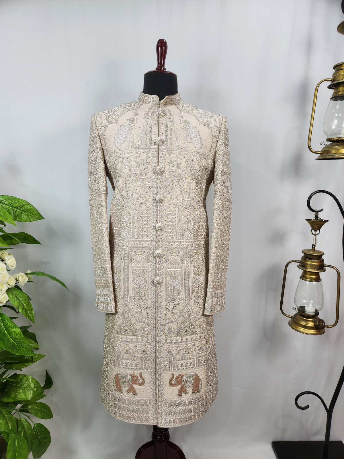 Rose Gold Wedding Groom Sherwani - Peacock Elephant Design | Sherwani For Men