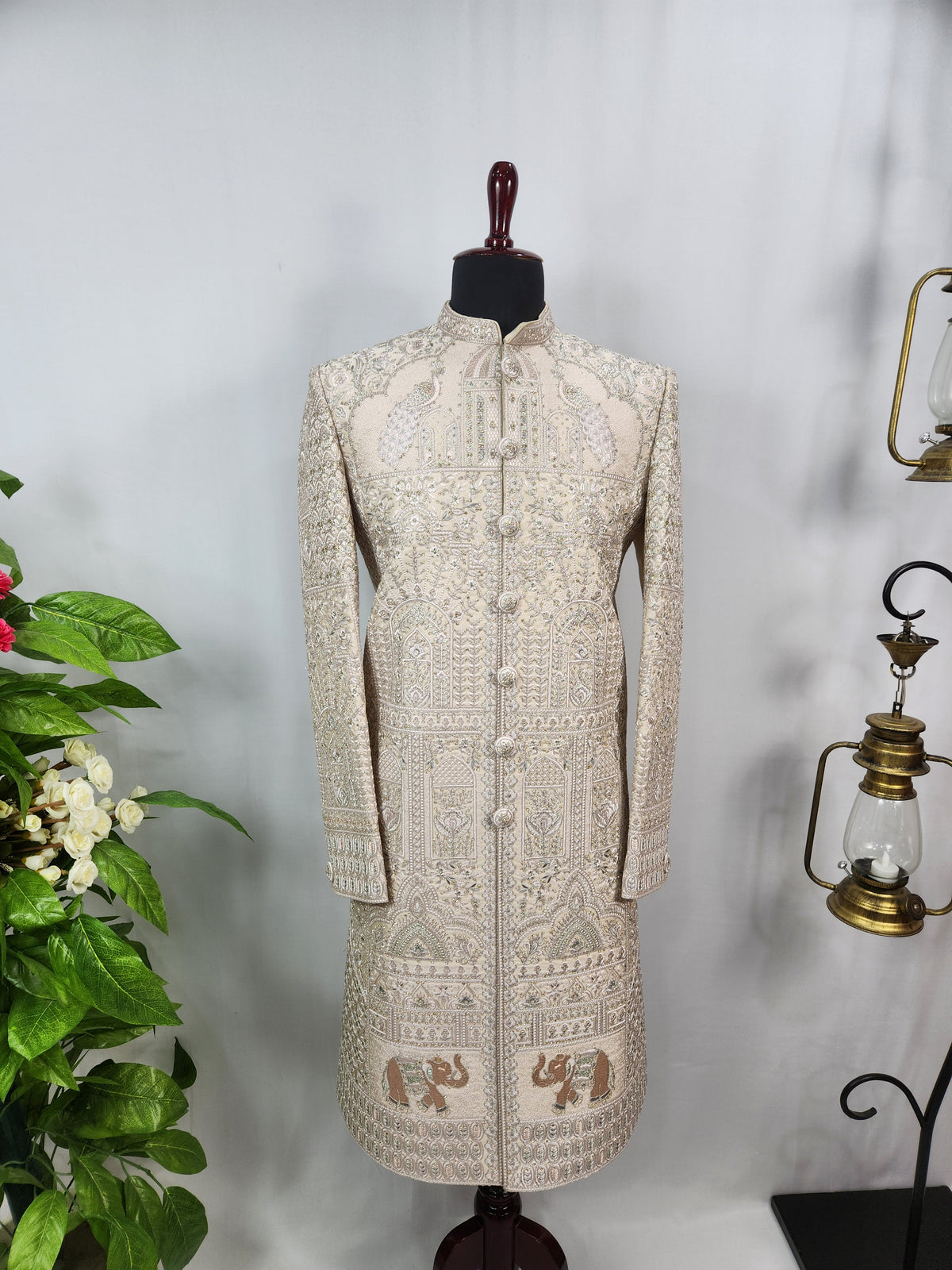 Rose Gold Wedding Groom Sherwani - Peacock Elephant Design | Sherwani For Men