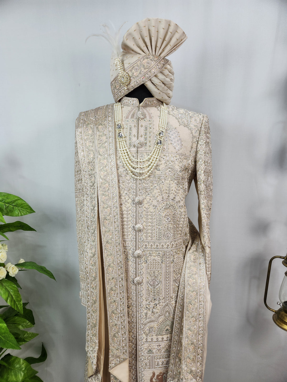 Rose Gold Wedding Groom Sherwani - Peacock Elephant Design | Sherwani For Men