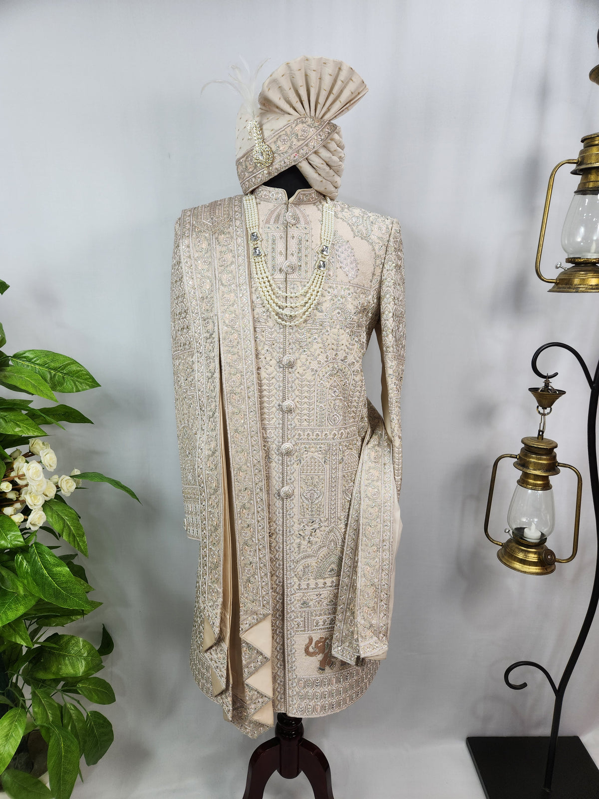 Rose Gold Wedding Groom Sherwani - Peacock Elephant Design | Sherwani For Men