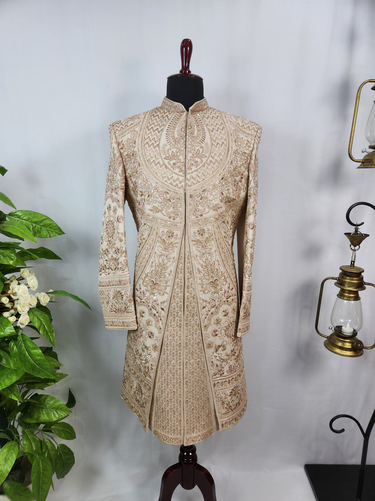 Champagne Golden Wedding Groom Sherwani - Layered Embroidery Design  | Sherwani For Men