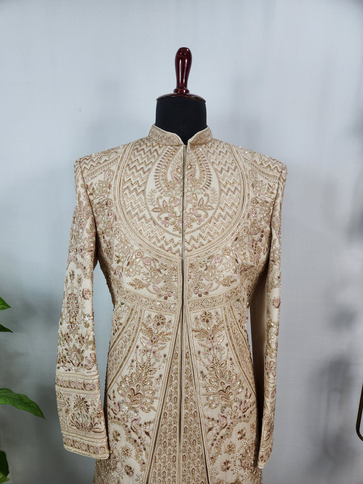 Champagne Golden Wedding Groom Sherwani - Layered Embroidery Design  | Sherwani For Men
