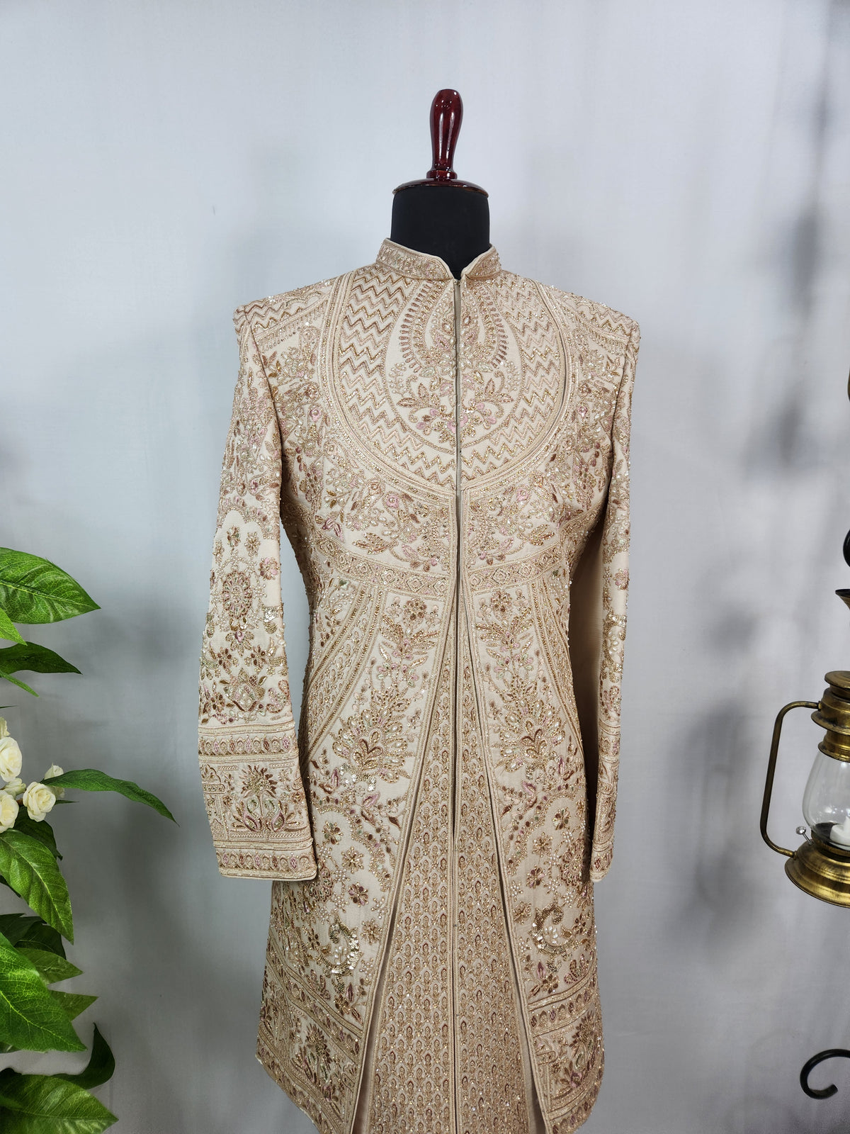 Champagne Golden Wedding Groom Sherwani - Layered Embroidery Design  | Sherwani For Men