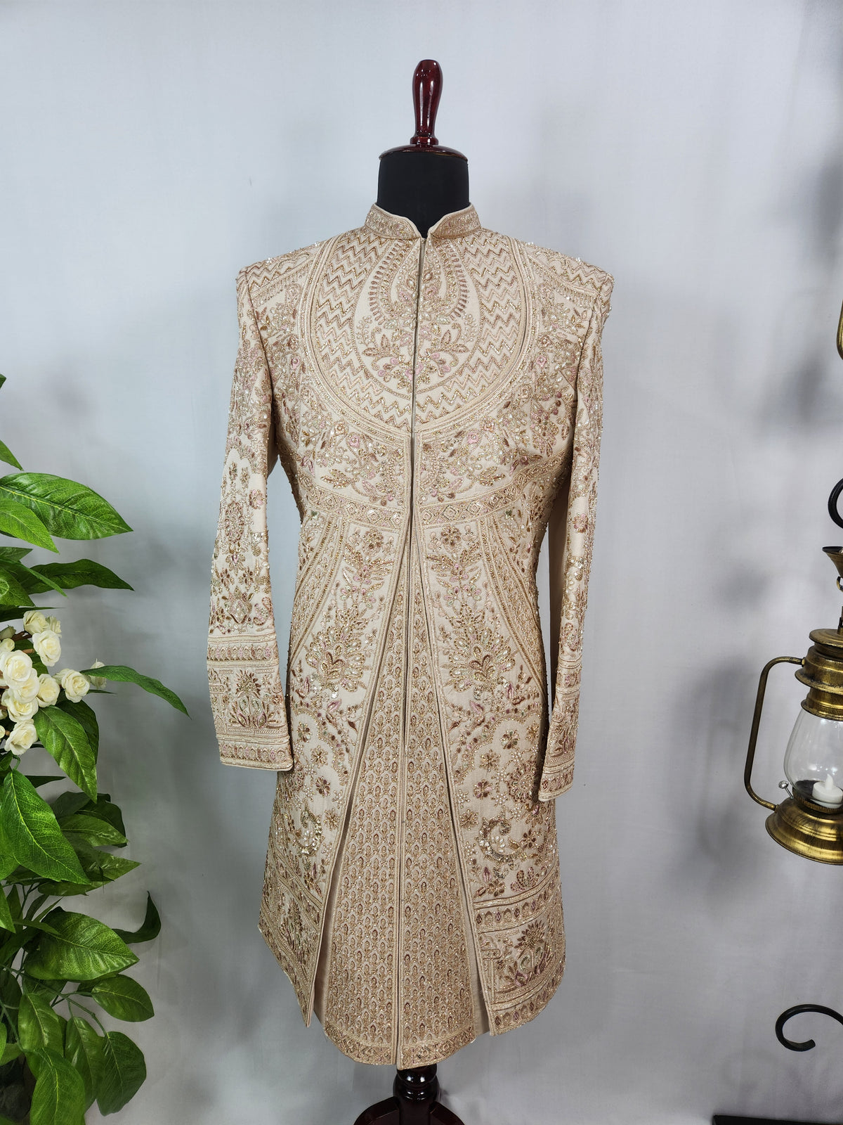 Champagne Golden Wedding Groom Sherwani - Layered Embroidery Design  | Sherwani For Men