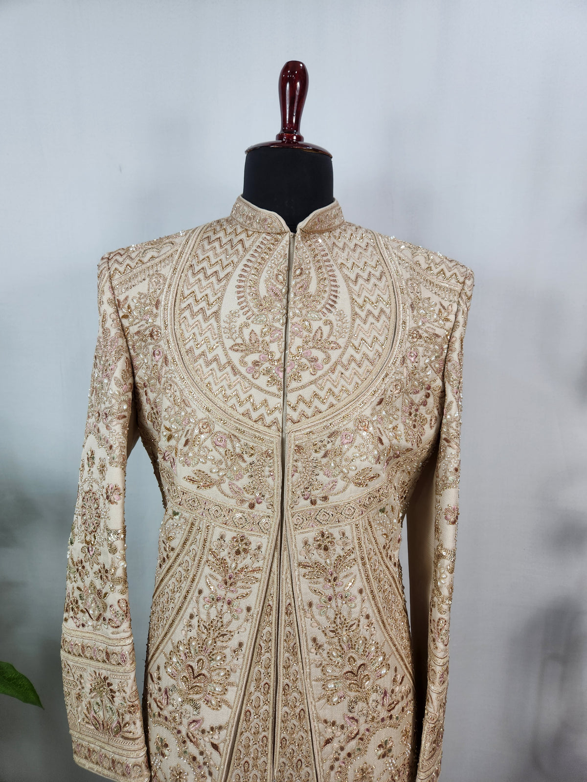 Champagne Golden Wedding Groom Sherwani - Layered Embroidery Design  | Sherwani For Men